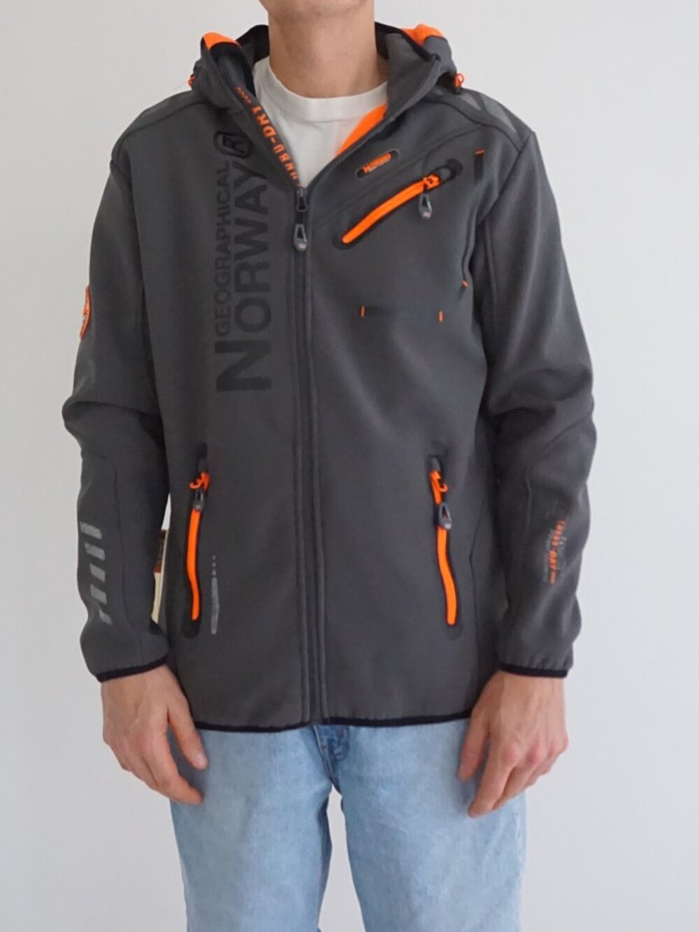 Geographical Norway Grey Orange Hooded Softshell Outdoor Jacket Full Zip Coat M